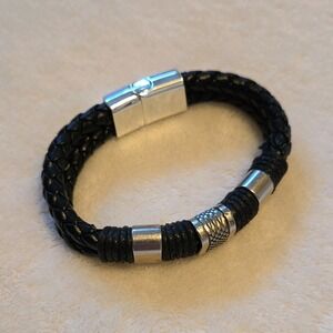 Men's Black Braided Leather Bracelet Stainless Steel Magnetic Adjustable Cuff